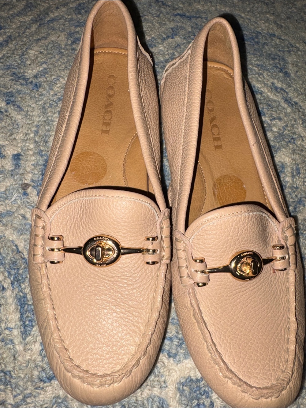 Coach Beige Pebbled Leather Loafers with Gold-Tone Hardware